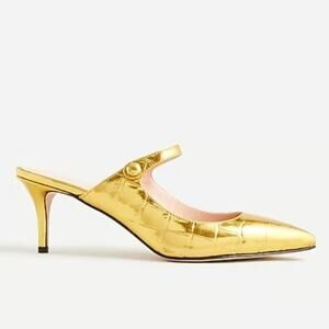 J.Crew Women's Gold Metallic Croc-embossed Leather Colette Mule Heels Size 12